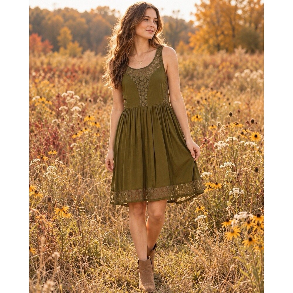 Anthropologie Lilka Olive Green Lace Boho Sleeveless Dress Size Small
